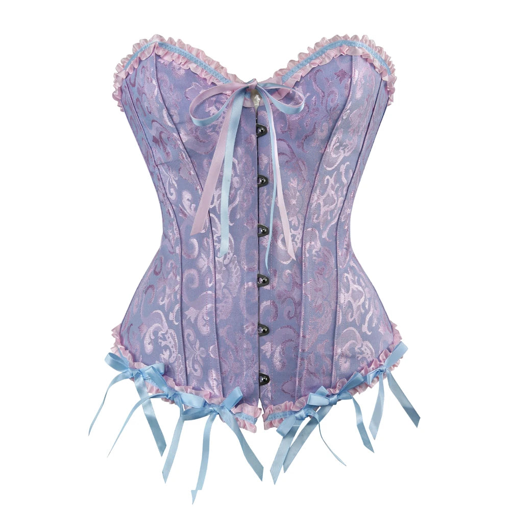 a purple corset with a blue ribbon around the waist