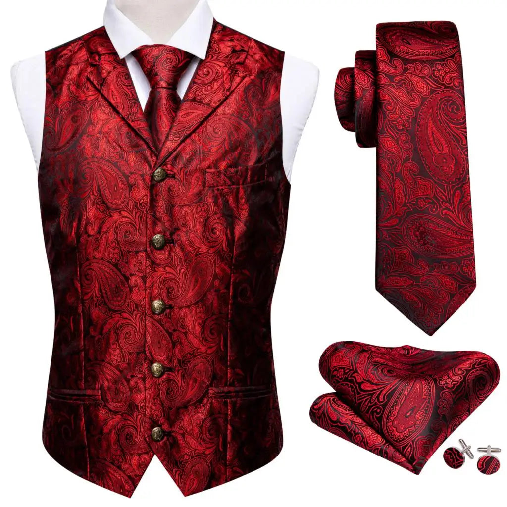 a red vest, tie, and matching cufflinks