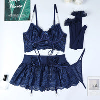 Ultra Sexy Lace G-String Skirt Lingerie Set in navy blue, perfect for romantic evenings with intricate lace design.