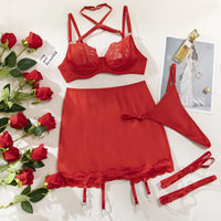Exotic lace lingerie set in red with garter, thongs, and sexy halter design, perfect for romantic nights in NZ.