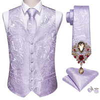 a purple vest and tie with a matching tie and cufflinks