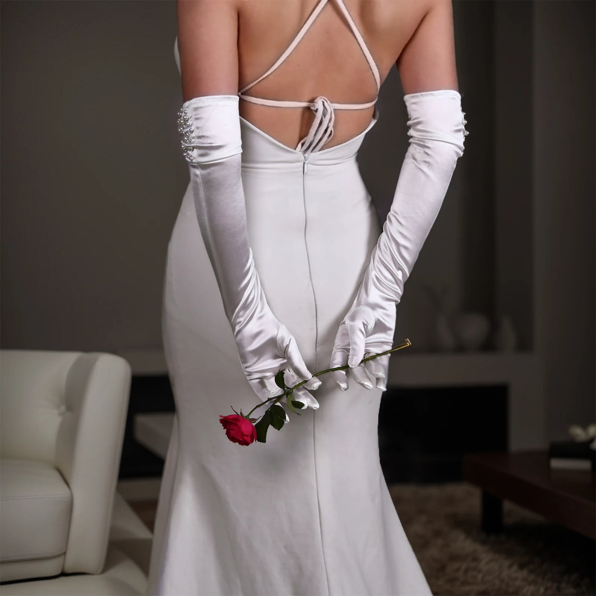 Elegant White Satin Wedding Bride Gloves with Pearls bridal gloves Luxurious Weddings