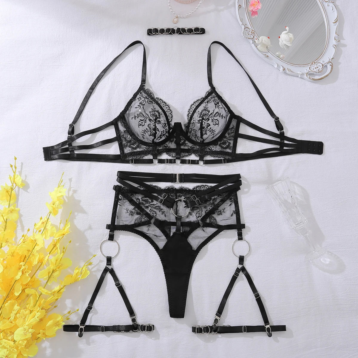 Luxury lace intimate women's ethical underwear set featuring a black lace bra and thong, perfect for lingerie in NZ.