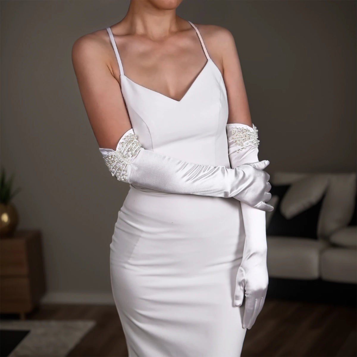 Elegant White Satin Wedding Bride Gloves with Pearls bridal gloves Luxurious Weddings