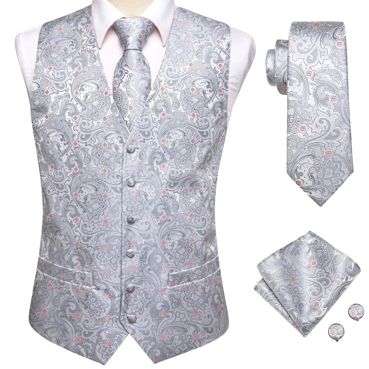 Elegant Paisley Silk Waistcoat & Tie Set - White Waistcoat Luxurious Weddings