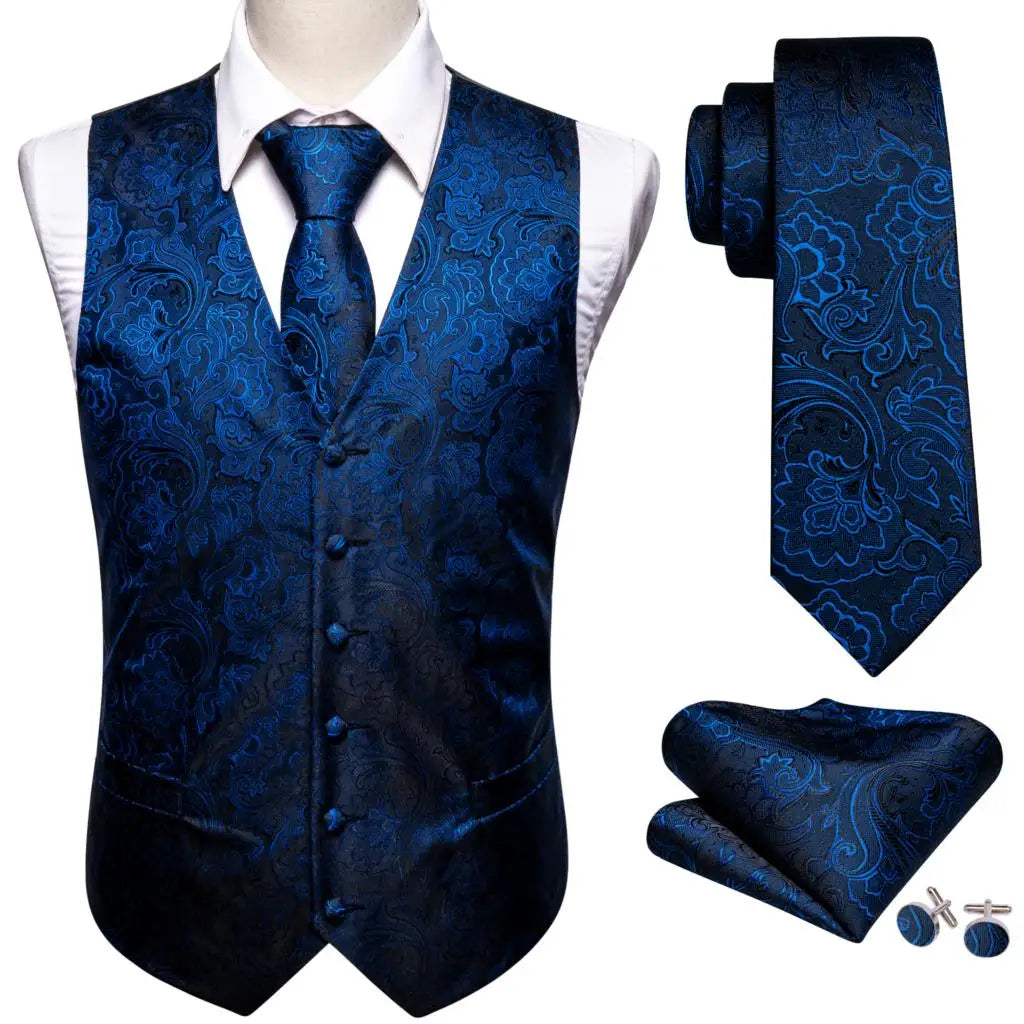 a blue vest and tie with matching cufflinks