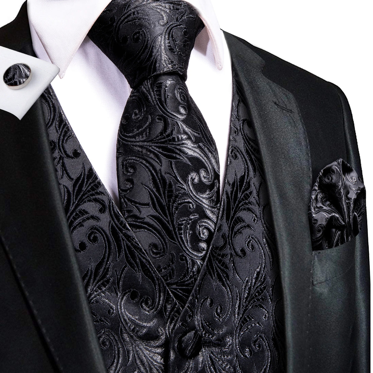 Elegant Black Silk Waistcoat & Tie Set - Black Waistcoats Luxurious Weddings