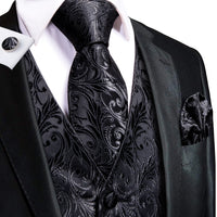 Elegant Black Silk Waistcoat & Tie Set - Black Waistcoats Luxurious Weddings