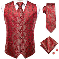 Elegant Paisley Silk Waistcoat & Tie Set - Red Waistcoat Luxurious Weddings