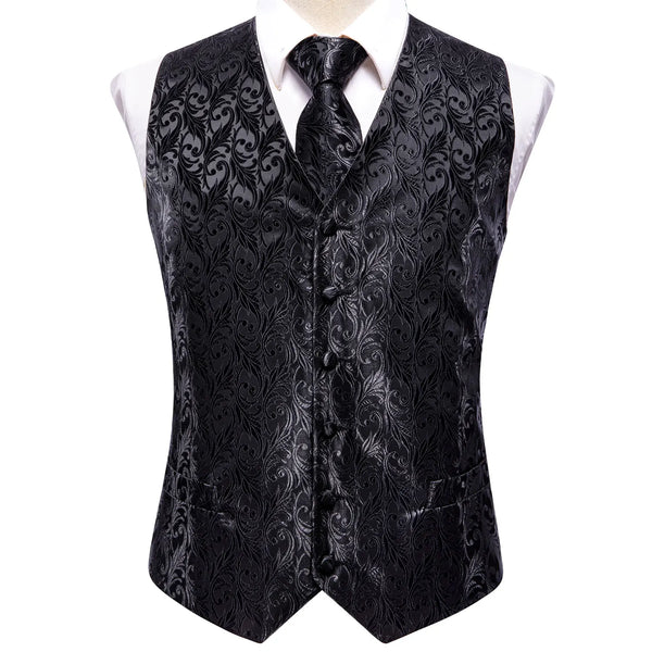 Elegant Black Silk Waistcoat & Tie Set - Black Waistcoats Luxurious Weddings