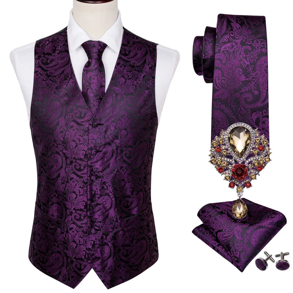 a purple vest, tie, and cufflinks on a mannequin