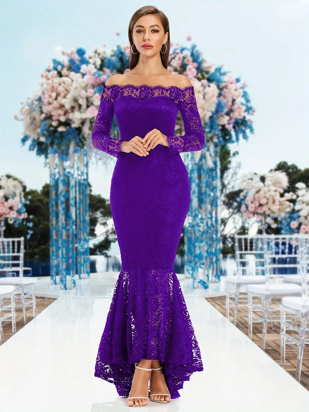 Purple Bodycon Lace Frill Maxi Evening Dress Dresses Luxurious Weddings