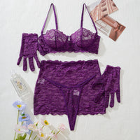 Seductive purple 5-piece lingerie set with lace bra, thong, skirt, and gloves, perfect for romantic occasions in NZ.