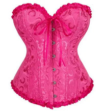a woman wearing a pink corset with a bow