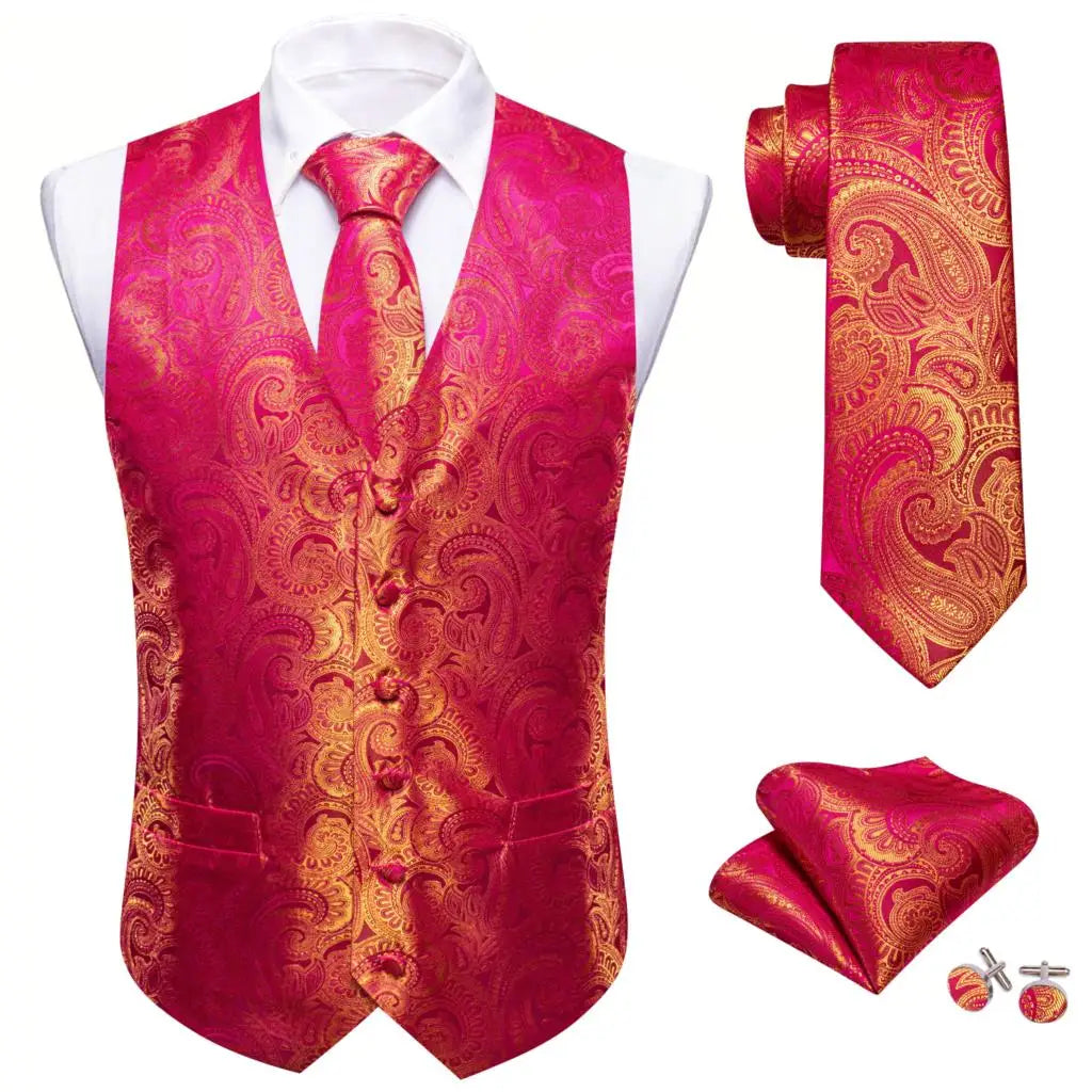 a red vest and tie with matching cufflinks