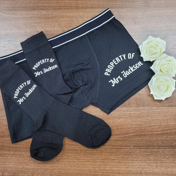 Personalized 'Property of Mrs.' Boxers Socks Gift Underwear Set Luxurious Weddings