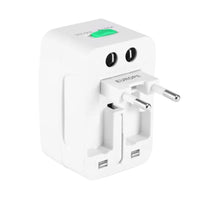 a white wall charger with two plugs