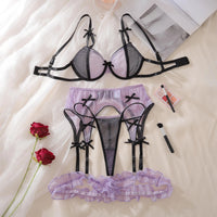 Ellolace Sissy Bowknot Sexy Lingerie Set in black and purple, featuring a bra, thong, and garter, perfect for romantic moments.