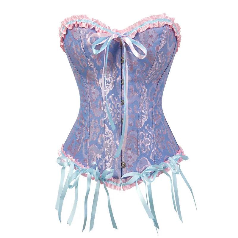 a blue corset with pink and blue trims