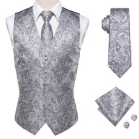 Elegant Paisley Silk Waistcoat & Tie Set - Silver Waistcoat Luxurious Weddings