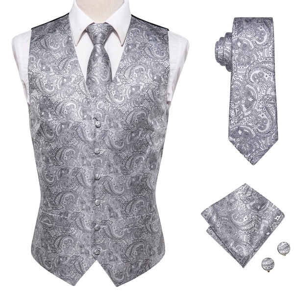 Elegant Paisley Silk Waistcoat & Tie Set - Silver Waistcoat Luxurious Weddings