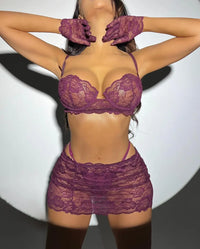 Seductive purple 5-piece lingerie set with gloves, perfect for intimate occasions. High-quality transparent fabric. Lingerie NZ.