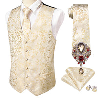 a white vest and tie with a brooch