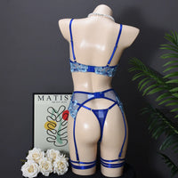 Back view of Premium Floral Lace 5-Piece Lingerie Set in blue, showcasing elegant design and adjustable fit.