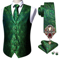 a green vest, tie, and matching cufflinks