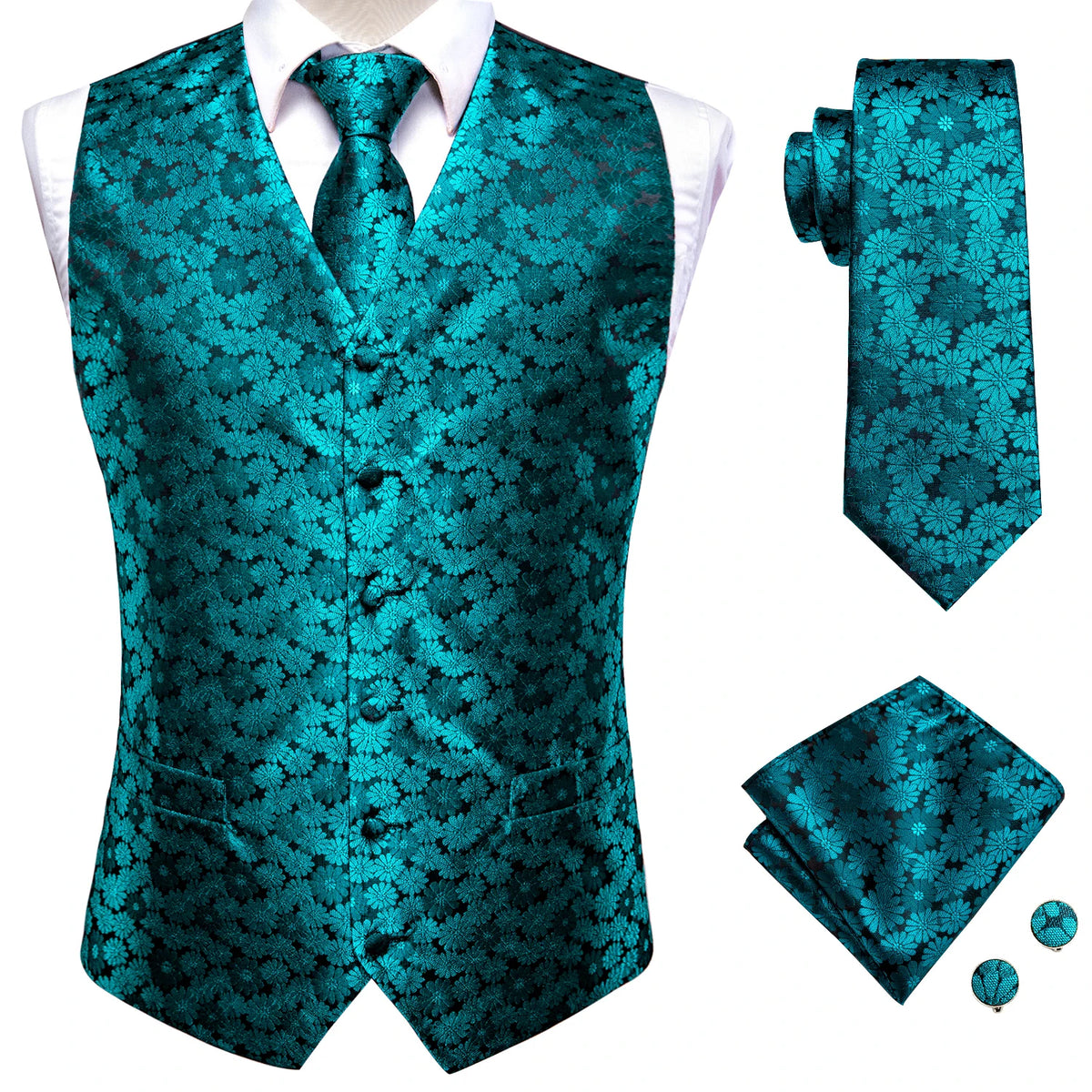 Elegant Paisley Silk Waistcoat & Tie Set - Green Waistcoat Luxurious Weddings