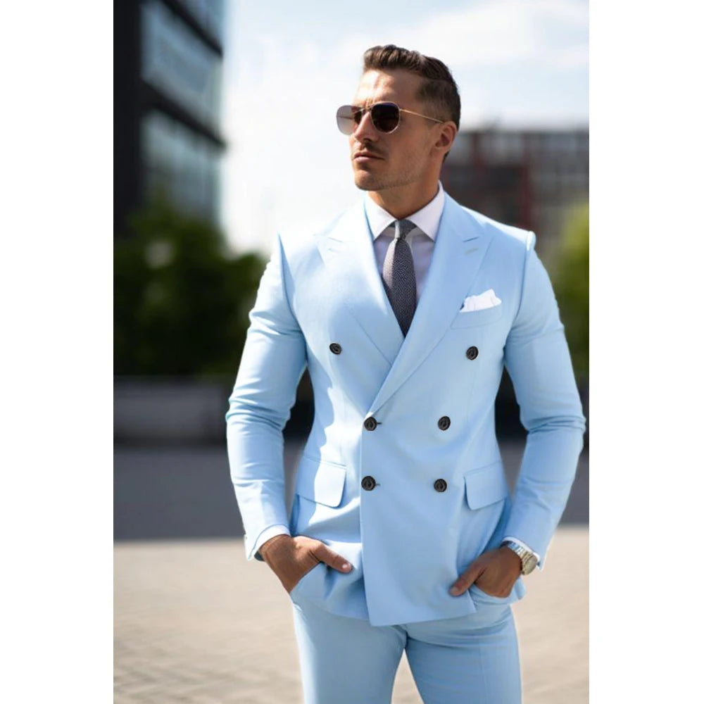 Sky Blue Men's Tailored Suit - Elegant Peak Lapel Double Breasted