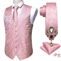 a pink vest and tie with matching accessories