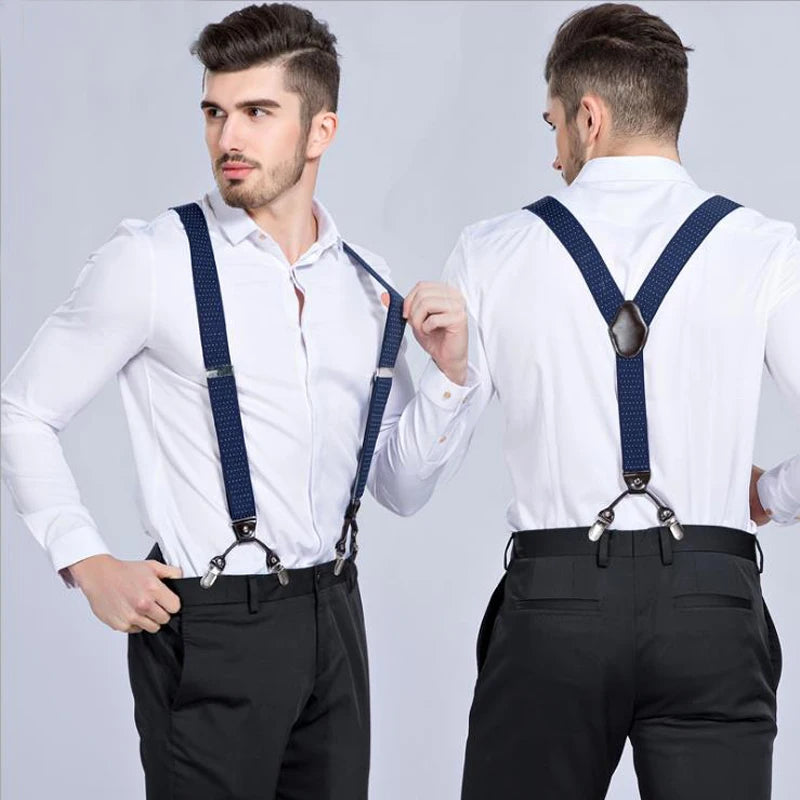 black - 6-Clip Black Leather Suspenders for Men Suspenders Luxurious Weddings
