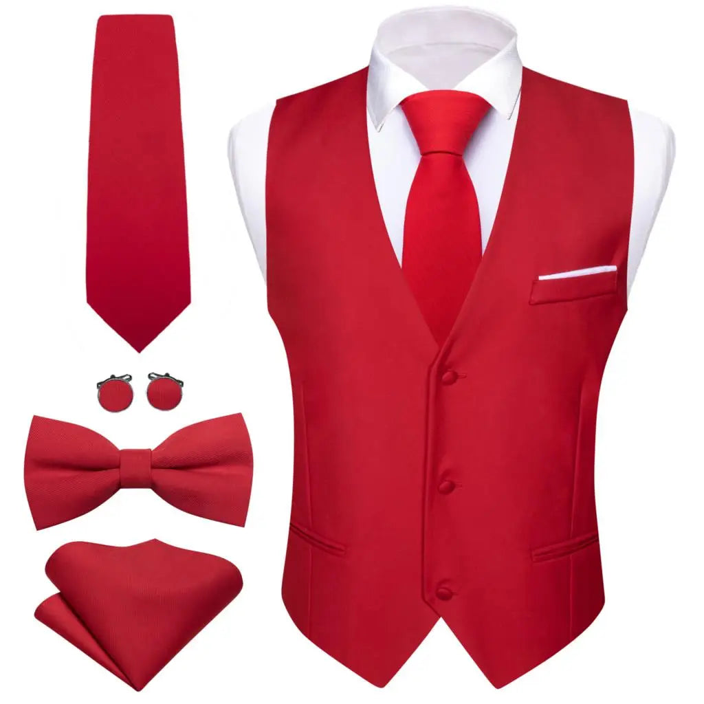 a red suit and tie with matching accessories