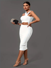 Elegant White Halter Neck Bandage Midi Party Dress Luxurious Weddings