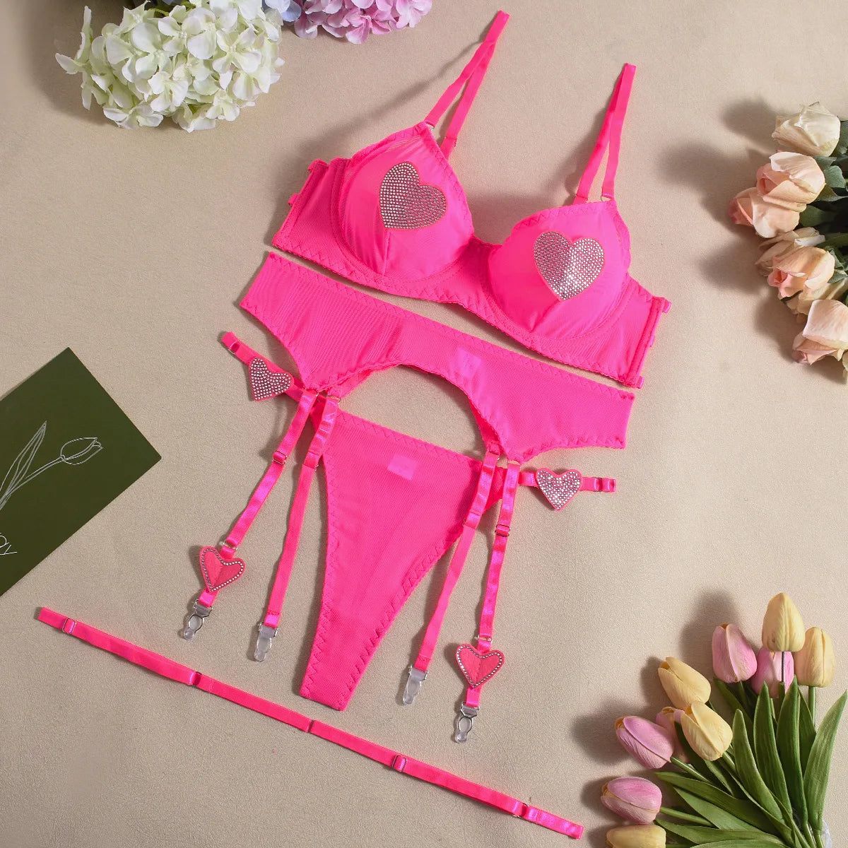 Daring neon rhinestone lingerie set for women featuring heart details, perfect for bold fashion lovers in NZ.