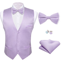 a purple vest, tie, handkerchief, and cufflinks