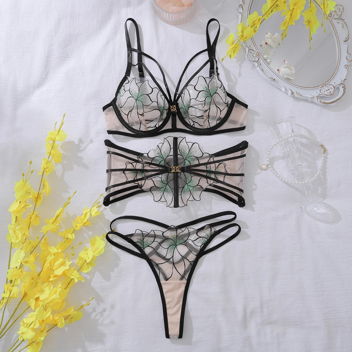 Fairy Lingerie Set with embroidery, includes bra, belt, and panties, premium affordable lingerie in NZ by Luxurious Weddings.
