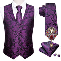 a purple vest and tie with matching cuff links