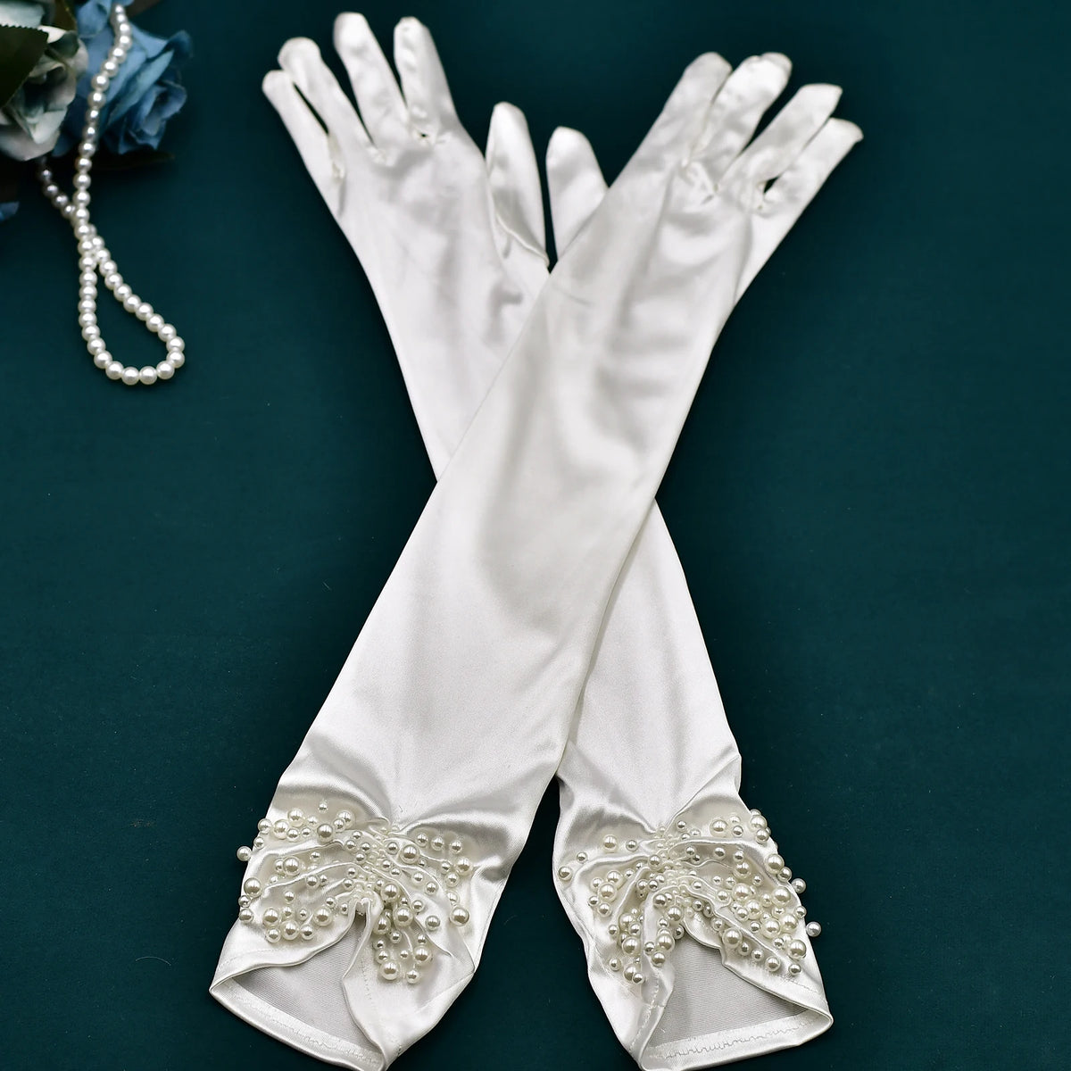 Elegant White Satin Wedding Bride Gloves with Pearls bridal gloves Luxurious Weddings