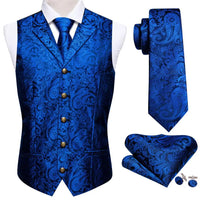 a blue vest and tie with matching handkerchief