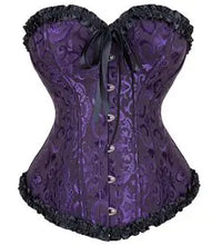 a woman wearing a purple corset with black ruffles