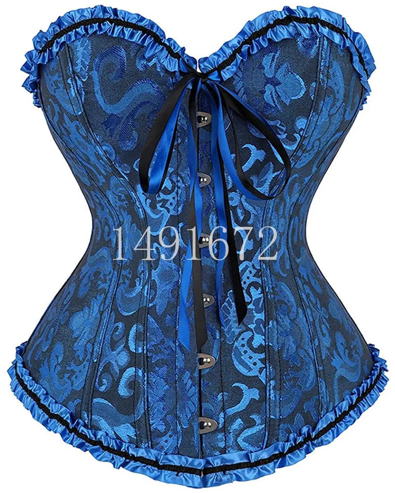 a blue corset with a black bow tie