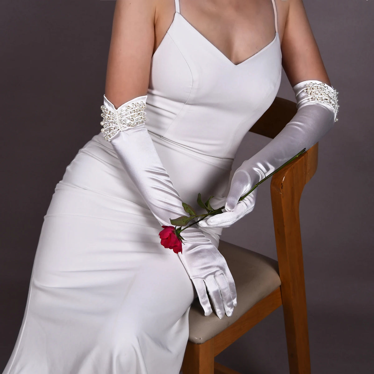 Elegant White Satin Wedding Bride Gloves with Pearls bridal gloves Luxurious Weddings