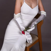 Elegant White Satin Wedding Bride Gloves with Pearls bridal gloves Luxurious Weddings