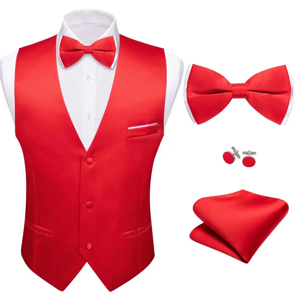 a red suit with a bow tie and matching cufflinks