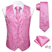 a pink vest, tie, and matching cufflinks