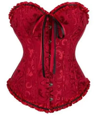 a woman wearing a red corset with a bow tie