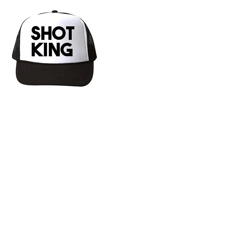 a white and black hat with the words shot king on it