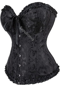 a black corset with ruffles and buttons